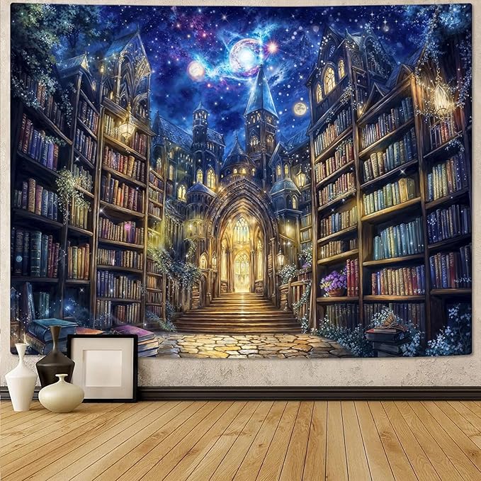 Accnicc Fantasy Bookshelf Tapestry Space Library Tapestries Wall Hanging Gothic Galaxy Castle Magic Book Extra Large Tapestry for Bedroom Living Room Dorm Classroom 90 x 68 inch