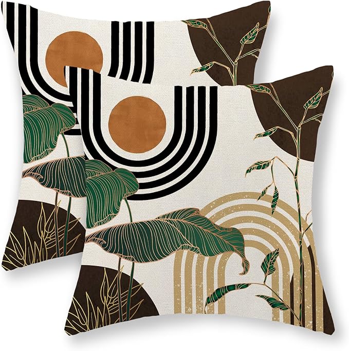 Boho Brown Pillow Covers 18x18 Set of 2 Green Gold Leaf Tropical Mid Century Throw Pillows Outdoor Bohemian Decorative Pillow Cases Modern Abstract Linen Cushion Case for Couch Sofa Decor
