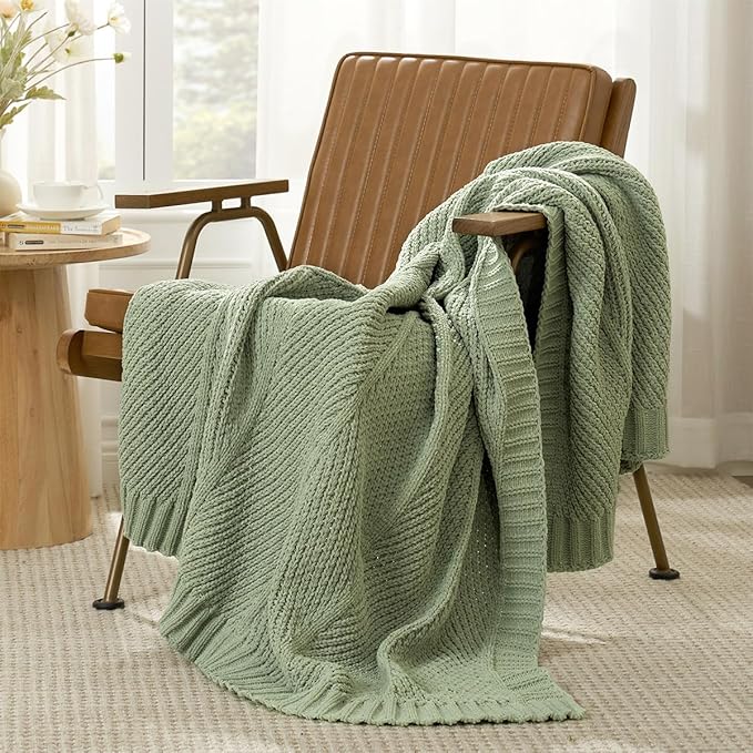 Amélie Home Chevron Chenille Knit Throw Blanket for Couch, Cozy Texture Decorative Soft Blanket for Sofa & Chair, 50"x60", Sage Green