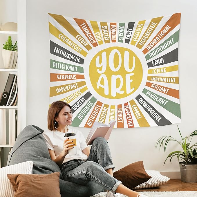WARDOS Boho Colorful Sunshine Tapestry, You Are Inspirational Tapestry Wall Hanging, Colorful Boho Sun Positive Affirmation Wall Blanket Decor for Kids Room Nursery Playroom Classroom, 50x60 Inch