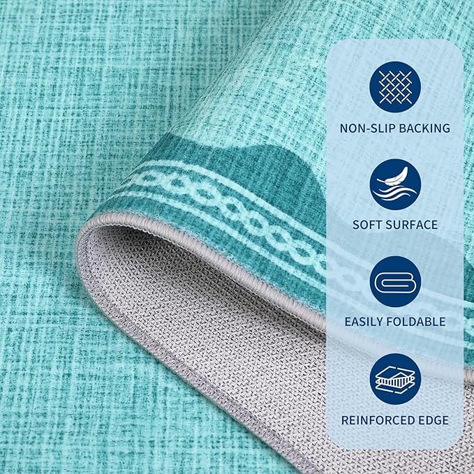 Scalloped Teal Washable Rugs 5x7 Rug for Living Room Solid Modern Minimalism Soft Low-Pile Carpet for Bedroom Dining Nursery Non Slip TPE Backing