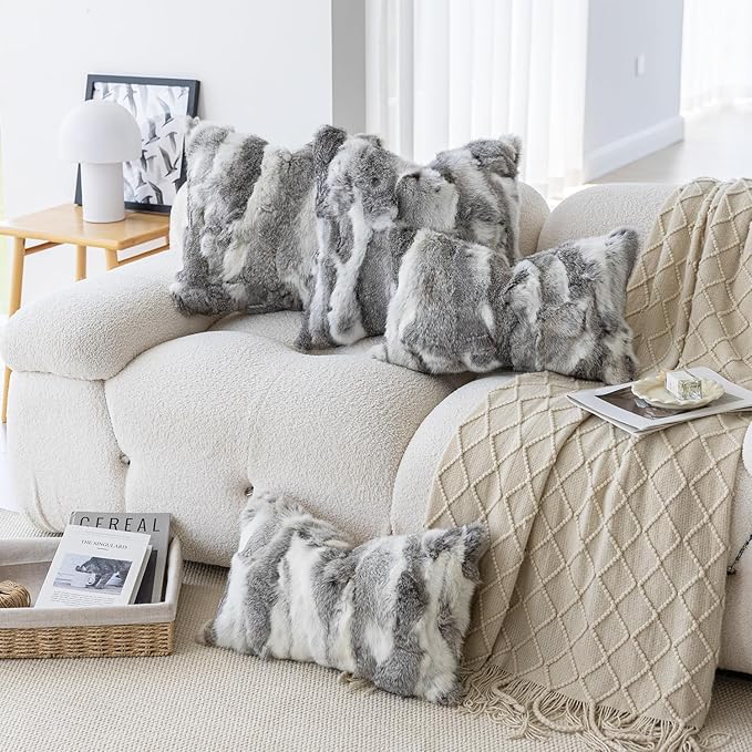 MOOX Rabbit Fur Throw Pillow Covers Decorative Fluffy Soft Fuzzy Plush Luxury Genuine Animal Skin Lumbar Pillow 12"x20" Cushion Cover, Couch-Grey White