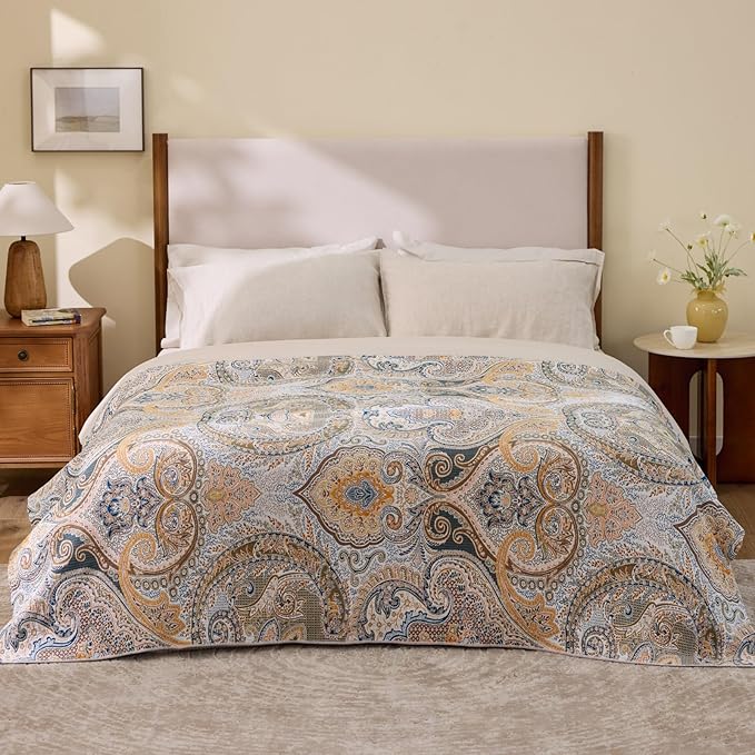 100% Cotton Boho Throw Blanket for Home Decor – Classic Farmhouse Quilt Bedding, Muslin Blankets for Adults, Vintage Woven Decorative Blanket for Couch, Bed Layering Use, Paisley Pattern, 90"x90"
