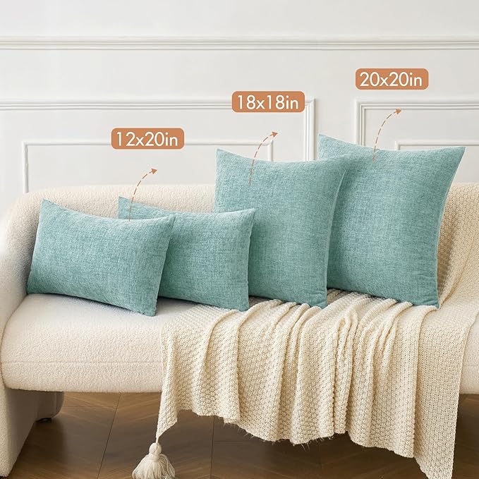 MIULEE Pack of 2 Couch Throw Pillow Covers 12x20 Inch Soft Aqua Green Chenille Lumbar Pillow Covers for Sofa Living Room Spring Home Decor Couch Solid Dyed Cases