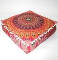 CRAFT KALA Red Peacock Large Hippie Mandala Meditation Floor Ottoman Pillow Cushion Pouf Cover Square Poufs Bohemian Circle Floor Cushion Case Outdoor Fireplace Yoga Living Room Decor Cover 18" Square