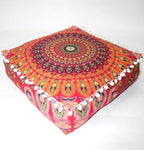 CRAFT KALA Red Peacock Large Hippie Mandala Meditation Floor Ottoman Pillow Cushion Pouf Cover Square Poufs Bohemian Circle Floor Cushion Case Outdoor Fireplace Yoga Living Room Decor Cover 18" Square