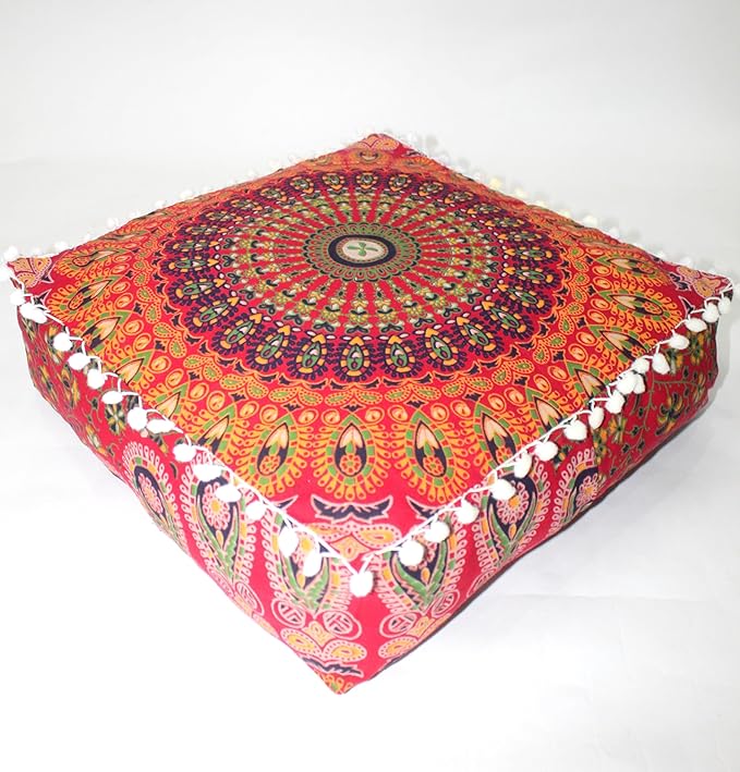 CRAFT KALA Red Peacock Large Hippie Mandala Meditation Floor Ottoman Pillow Cushion Pouf Cover Square Poufs Bohemian Circle Floor Cushion Case Outdoor Fireplace Yoga Living Room Decor Cover 16" Square