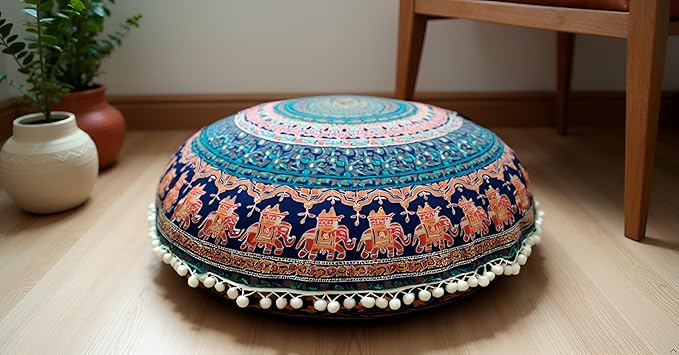 INDIAN CRAFT CASTLE ICC Large Hippie Mandala Floor Pillow Cover - Cushion Cover - Pouf Cover Round Bohemian Yoga Decor Floor Cushion Case- 32" Brown