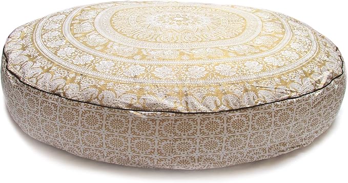 CRAFT KALA Mandala Floor Pillow Cushion Cover Seating Throw Cover Hippie Decorative Bohemian Ottoman Poufs Pom Pom Pillow Cases Boho Indian Cotton Living Room Home Décor 35" Round, White Gold Elephant