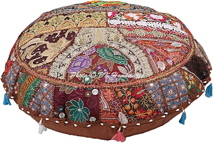 Round Ethnic Floor Cushions for Kids Dark Brown 32 Inch Patchwork Yoga Ottoman Stool Home Decor Embroidered Vintage Cotton Indian Floor Pillow Bed 32x32