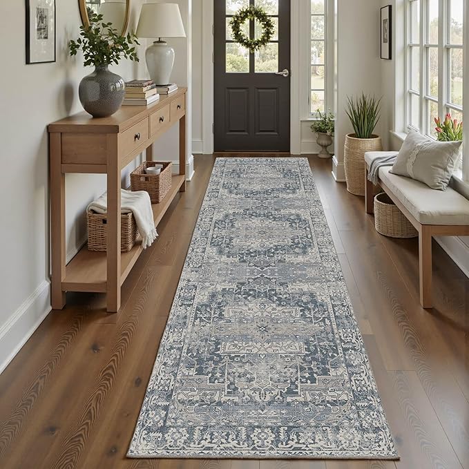 2'6''x8' Runner Rug, Washable Kitchen Rugs, Blue Boho Vintage Floral Hallway Runner, Non Slip Low Pile Area Rug Carpet for Hallway, Kitchen, Laundry Room and Bathroom(Blue 2.6x8ft)
