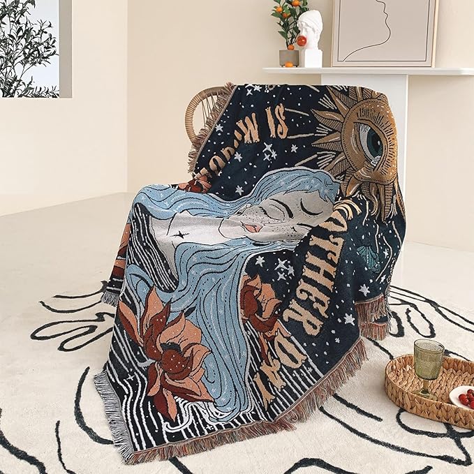 Snycler Boho Throw Blanket for Bed 50 * 60inch Woven Blanket Cotton Polyester Farmhouse Decor for Indoor Outdoor Sofa Bedroom Garden，All Season(Woman)
