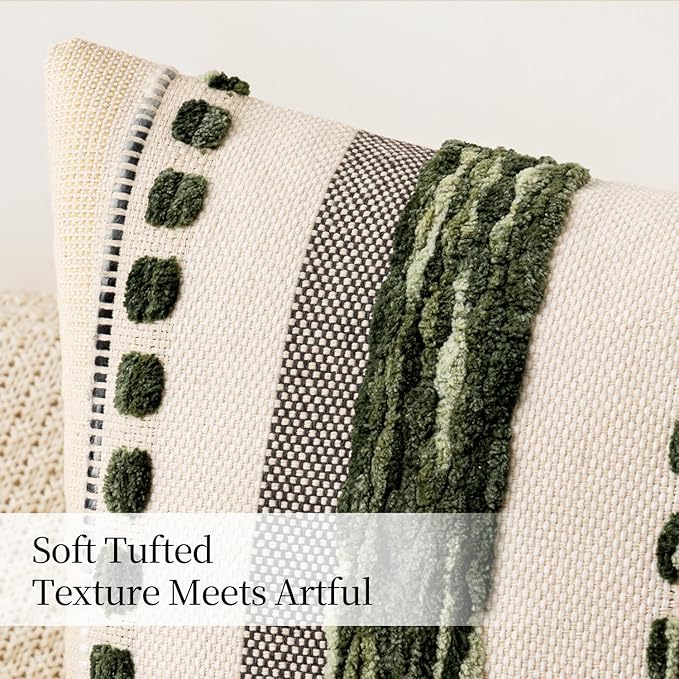 ANRODUO Pack of 2 Boho Decorative Throw Pillow Covers 20x20 Farmhouse Cushion Case Striped Chenille Pillow Cases Square Pillow Covers Accent Neutral Pillowcase for Sofa Couch Bed, Dark Green Stripe