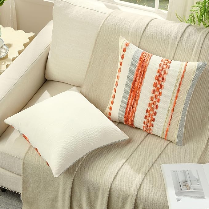 FUTEI Orange Decorative Throw Pillow Covers 18x18 Inch Set of 2, Soft Tufted Striped Textured Accent Cushion Case,Boho Pillows for Couch Decor