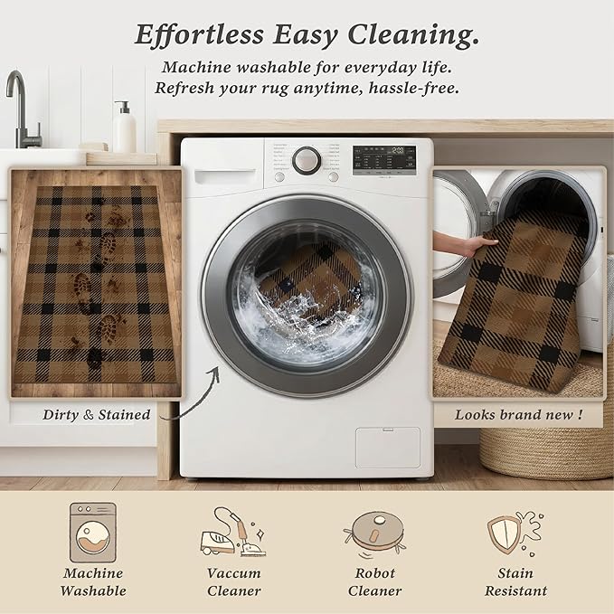 Washable Easy Jute Dark Brown Rug Indoor Outdoor - 3 x 4 Neutral Checkered Area Rug for Kitchen Floor, Entryway, Door Mat Outdoor Entrance Non Slip, Patio, Tan Buffalo Plaid Accent Décor