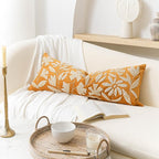 BlissBlush 14x36 Lumbar Pillow Cover for Bed, Yellow Mustard Rectangular Long Throw Pillowcase, Embroidered Velvet Floral Tufted Farmhouse Accent Cushion (Cover Only)