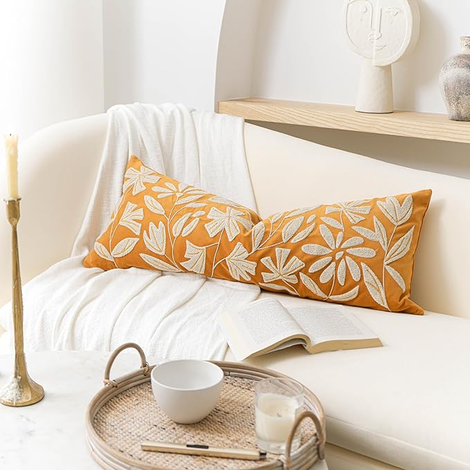 BlissBlush 14x36 Lumbar Pillow Cover for Bed, Yellow Mustard Rectangular Long Throw Pillowcase, Embroidered Velvet Floral Tufted Farmhouse Accent Cushion (Cover Only)