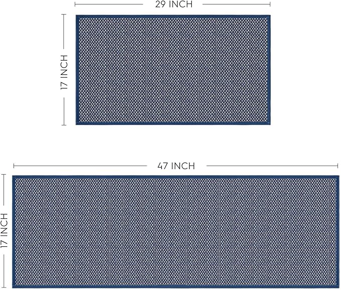 Artoid Mode Washable Non Slip Blue Kitchen Rugs and Mats Set of 2, Rubber Backing Absorbent Kitchen Mats for Floor Front of Sink - 17x29 and 17x47 Inch