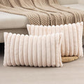 ZLINA Set of 2 Beige Faux Fur Decorative Throw Pillow Covers Fluffy Striped Pillowcase Cushion Covers 12 x 20 Inch Decor Sofa Couch Bedroom