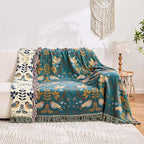 Boho Throw Blanket, 100% Cotton Ultra Soft Luxury Throw Rustic Quilt, 90"x98" Floral Printed Farmhouse Decor Bed Summer Blankets, All Season Rustic Reversible Bohemian Throw for Bed - Blue