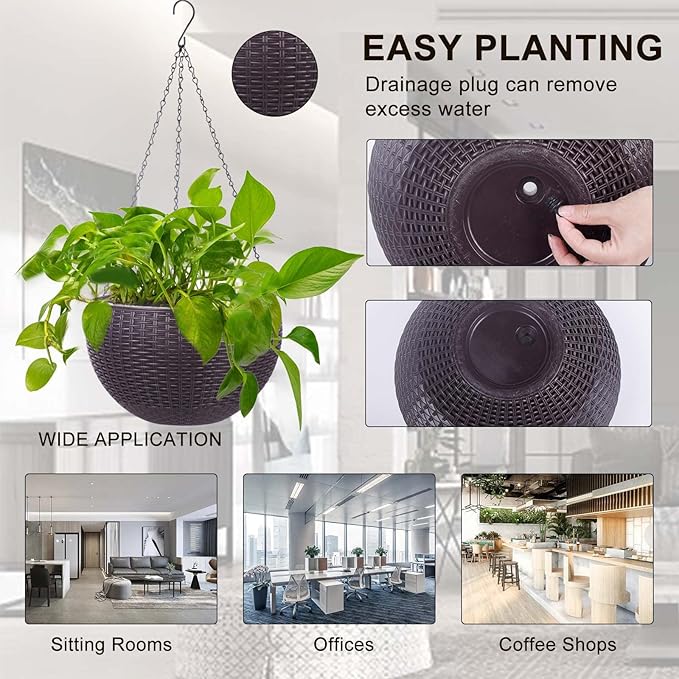 Vencer 11 Inch Round Resin Rattan Hanging Planters,Self Watering Hanging Basket for Indoor Outdoor Plants,Hanging Flower Pots with Drain Hole and Metal Chain,Water Indicator,Coffee,VF-A15-C