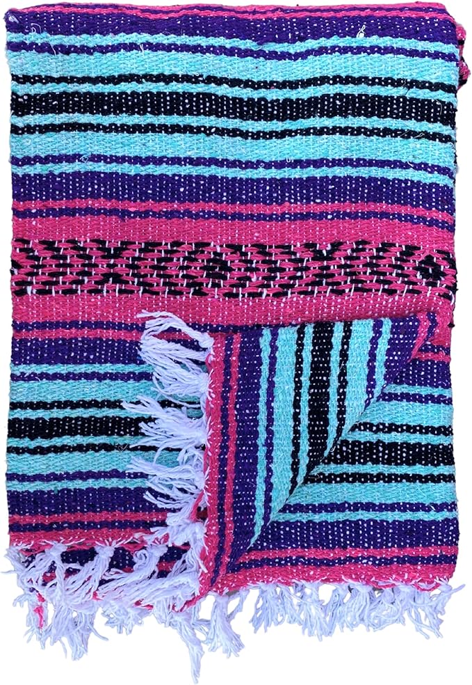 Del Mex Classic Mexican Blanket, Large Authentic Woven Falsa Throw (70"x50"), Artisan Southwest Décor for Beach, Yoga, Outdoors (Pink/Purple/Mint)
