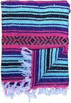 Del Mex Classic Mexican Blanket, Large Authentic Woven Falsa Throw (70"x50"), Artisan Southwest Décor for Beach, Yoga, Outdoors (Pink/Purple/Mint)