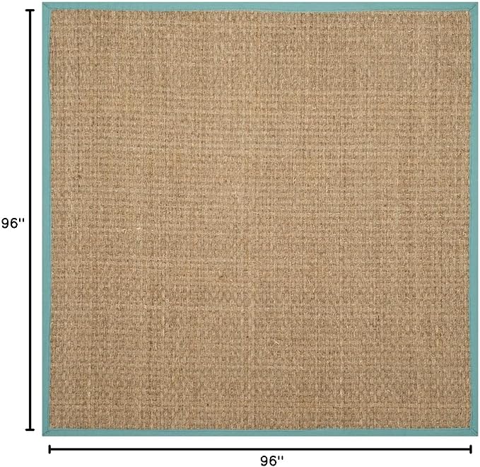 SAFAVIEH Area Rug 8' Square - Natural Fiber Collection - Natural & Teal, Seagrass, Basketweave Pattern with Border (NF114R)