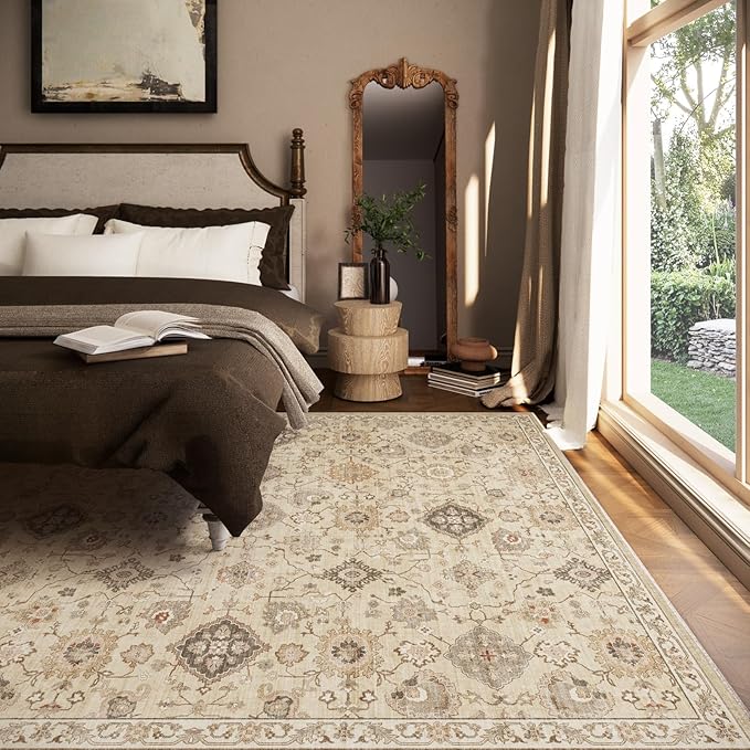 Machine Washable Rug for Living Room: 6x9 Area Rugs Boho Vintage Rug Stain Resistant Non Slip Low Pile Soft Lightweight Carpets for Bedroom Kitchen Dining Room Nursery Kids Room Farmhouse