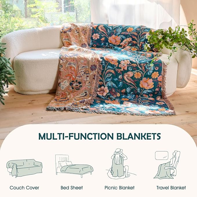 Boho Throw Blanket - 100% Cotton Ultra Soft Muslin Blanket, 60"x80" Lightweight Floral Bird Framhouse Bedding Spring Blanket for Bed, All Season Green Bohemian Bedroom Home Decor Quilt
