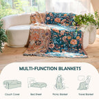 Boho Throw Blanket - 100% Cotton Ultra Soft Muslin Blanket, 60"x80" Lightweight Floral Bird Framhouse Bedding Spring Blanket for Bed, All Season Green Bohemian Bedroom Home Decor Quilt