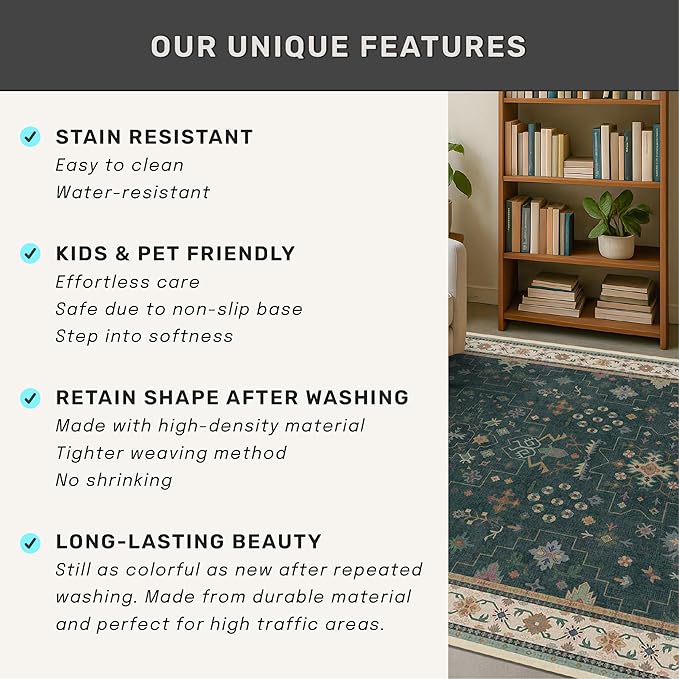Vintage 2x7 Washable Runner Rug Non Slip for Kitchen, Bathroom, Hallway - Low Pile Stain Resistant 7ft Long Runner Rugs - Victorian Eclectic Floral Pastel Home Decor (2x7 Dark Green)