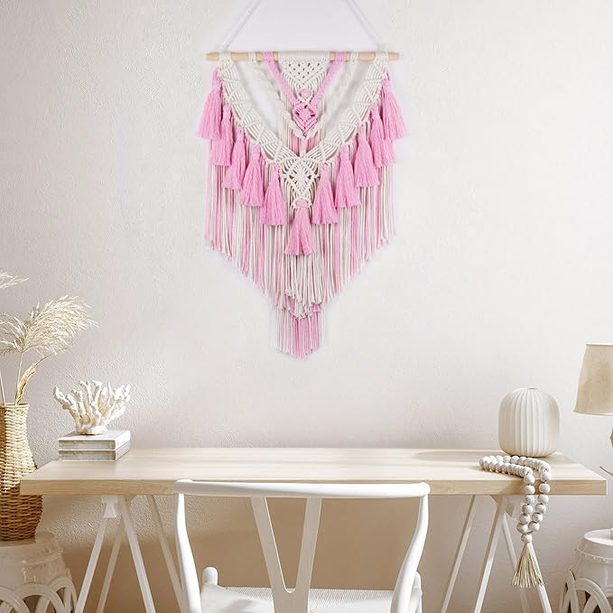 HVEST Pink Macrame Wall Hanging Woven Boho Wall Art Handmade Woven Tassel Tapestry, Bohemian Home Decor for Bedroom Living Room Apartment Nursery Backdrop