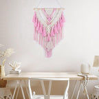 HVEST Pink Macrame Wall Hanging Woven Boho Wall Art Handmade Woven Tassel Tapestry, Bohemian Home Decor for Bedroom Living Room Apartment Nursery Backdrop
