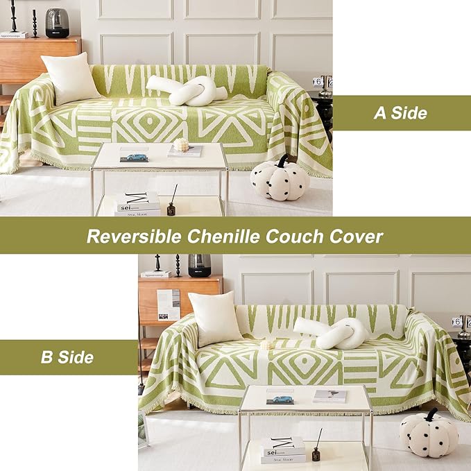 ROOMLIFE Boho Couch Cover for 3 Cushion Couch L Shape Sofa Covers for Sectional Sofa Reversible Silpcover for Dogs Washable Chenille Furniture Protector for Living Room,91"x118"