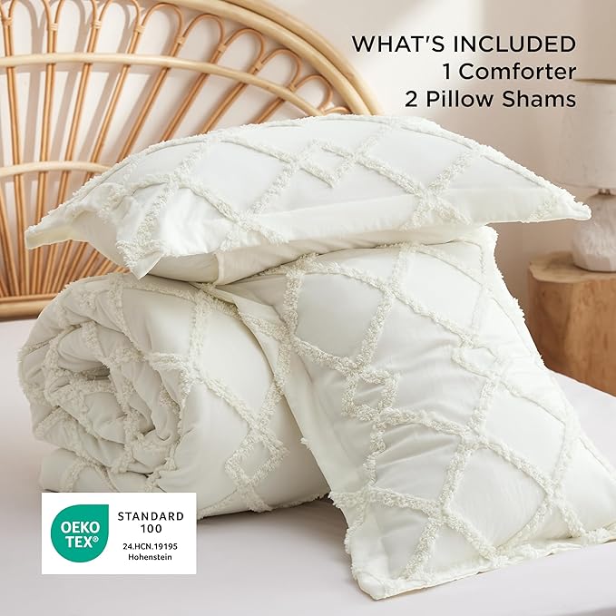 Bedsure Boho Comforter Set Queen - Ivory Tufted Queen Size Comforter, 3 Pieces Farmhouse Shabby Chic Embroidery Bed Set, Soft Fluffy Geometric Pattern Bedding for All Seasons