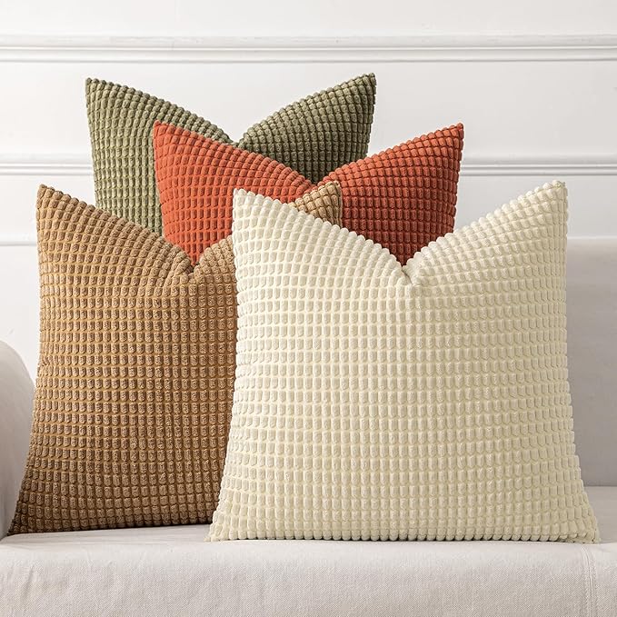 MIULEE Modern Farmhouse Decorative Pillow Covers 20x20 Inch Set of 4 Natural Rustic Throw Pillows Neutral Warm Soft Corduroy Couch Pillowcases Home Decor for Sofa Living Room Bed Brown Green