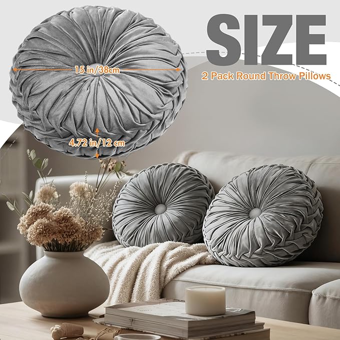 2 Pcs Round Throw Pillows 15 Inch Decorative Velvet Pleated Pumpkin Pillows Boho Floor Pillow with Center Button for Living Room Couch Chair Bed Sofa Home Decoration (Gray)