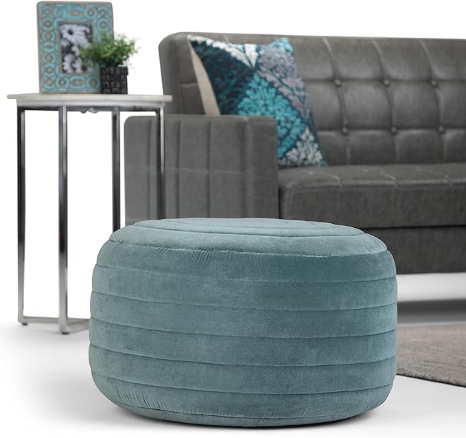 SIMPLIHOME Vivienne Round Pouf - 20 inch Wide Upholstered Velvet Ottoman in Turquoise, Boho-Style Footstool, Extra Seating or Accent Piece for Living Room or Bedroom with Stitching Detail, Assembled