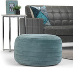 SIMPLIHOME Vivienne Round Pouf - 20 inch Wide Upholstered Velvet Ottoman in Turquoise, Boho-Style Footstool, Extra Seating or Accent Piece for Living Room or Bedroom with Stitching Detail, Assembled