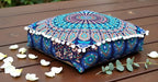 CRAFT KALA Blue Peacock Large Hippie Mandala Meditation Floor Ottoman Pillow Cushion Pouf Cover Square Poufs Bohemian Circle Floor Cushion Case Outdoor Fireplace Living Room Decor Cover 18" Square