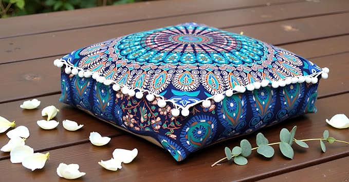 CRAFT KALA Blue Peacock Large Hippie Mandala Meditation Floor Ottoman Pillow Cushion Pouf Cover Square Poufs Bohemian Circle Floor Cushion Case Outdoor Fireplace Living Room Decor Cover 24" Square