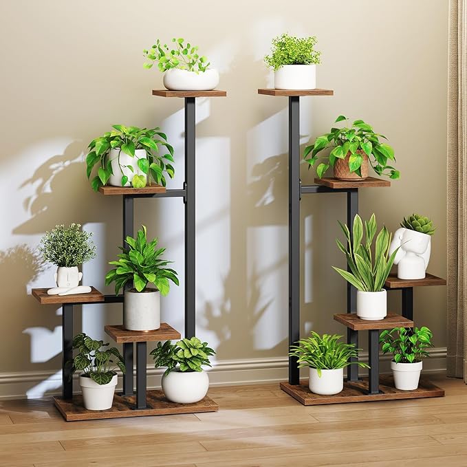 Plant Stands Indoor Set of 2, Metal Corner Plant Stand for Multiple Plants, 5 Tier Plant Shelves for Living Room, Home, Patio, Rustic Brown and Black PSHR0101S2
