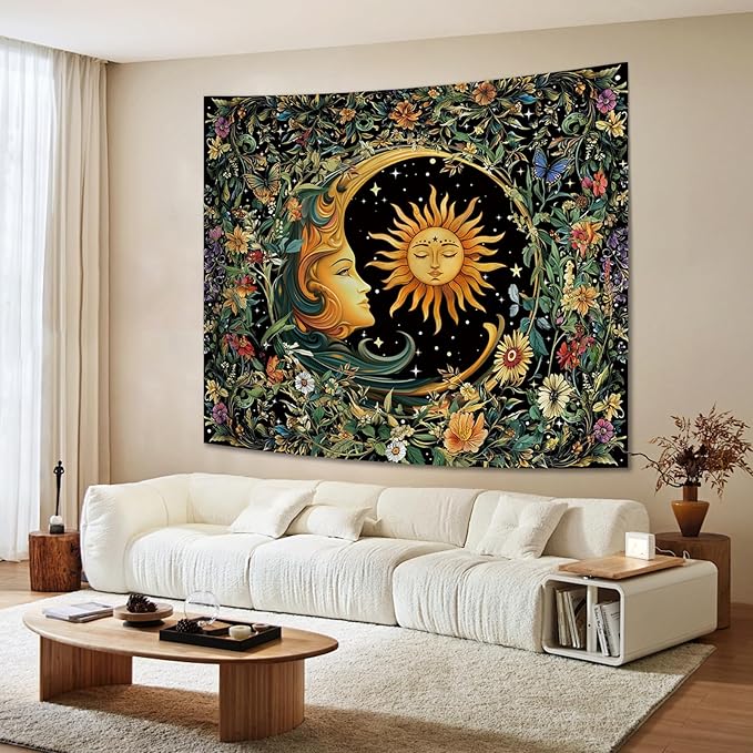 Apdidl Sun and Moon Hippie Decor Tapestry for Bedroom, Boho Hippy Mystic Floral Tapestries Wall Hanging Aesthetic, Vintage Mandala Plants Moon Cute Backdrop Wall Decor for Living Room Dorm 51"X60"