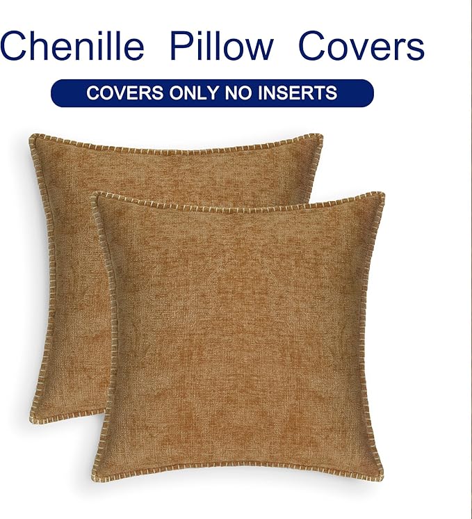 CaliTime Throw Pillow Covers Decorative 22 X 22 Inches Pack of 2 Cotton Thread Stitching Edges Solid Dyed Soft Chenille Cushion Cases for Couch Sofa Bed Living Room Farmhouse Apricot Brown