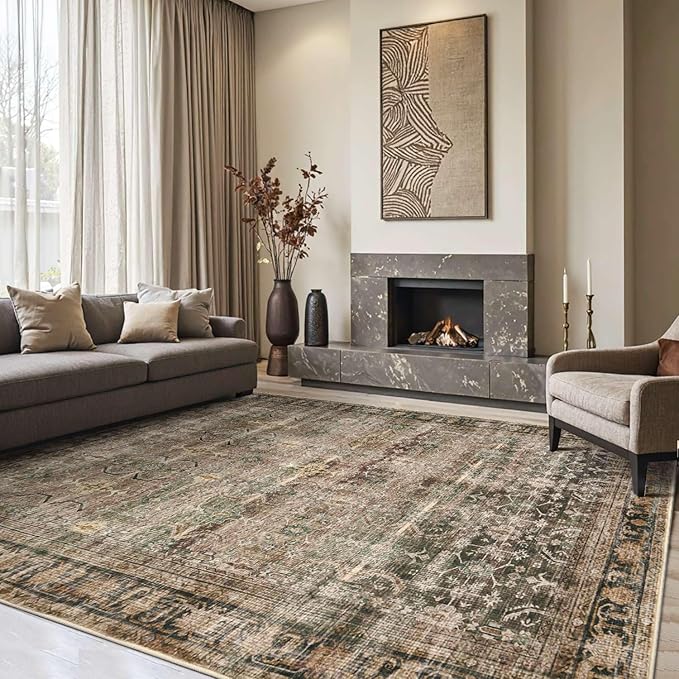8x10 Area Rugs for Living Room Bedroom, Large Washable Rug, Brown Vintage Retro Boho Rug, Non Slip & Low Pile Faux Wool Thin Carpet for Indoor Dining Room and Kids Room(Charcoal/Olive 8x10ft)