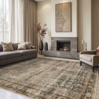 8x10 Area Rugs for Living Room Bedroom, Large Washable Rug, Brown Vintage Retro Boho Rug, Non Slip & Low Pile Faux Wool Thin Carpet for Indoor Dining Room and Kids Room(Charcoal/Olive 8x10ft)