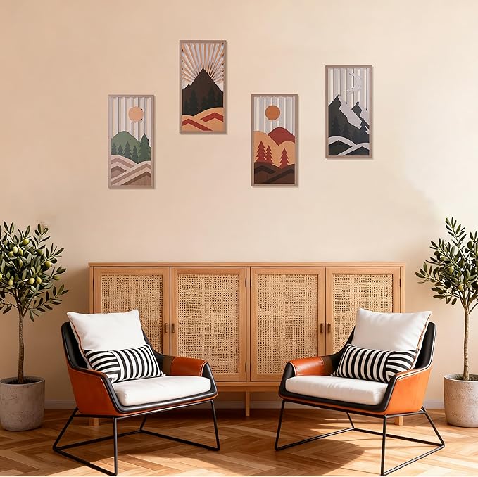 suruim Boho Wall Art Set of 4, Abstract Geometric Wooden Wall Decor, Mid-Century Modern Aesthetic Artwork with Arch, Vase & Botanical Design for Modern Home Decor for Bedroom, Office & Living Room(F)