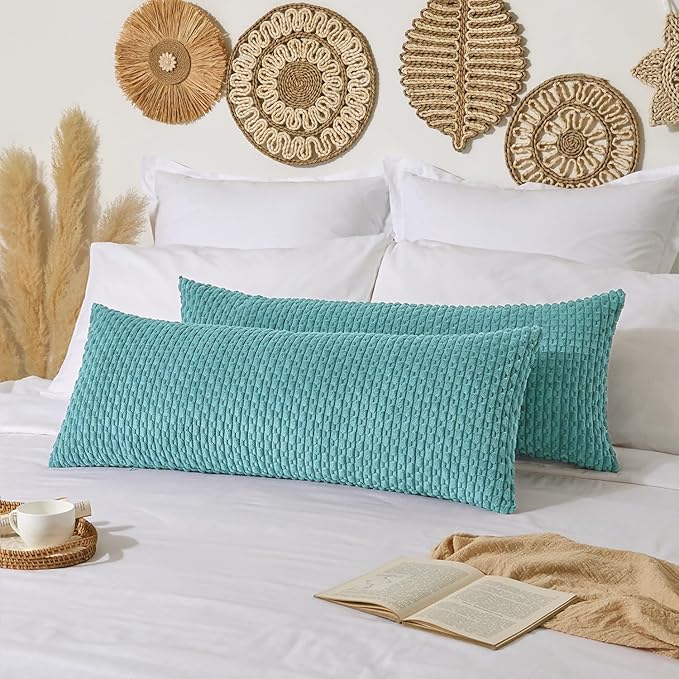 Kevin Textile 20x54 Inch Long Body Lumbar 1 Pack Boho Decorative Throw Pillow Cover Soft Striped Corduroy Rectangle Cushion Case Farmhouse Accent for Living Room Couch Sofa Bed, Aqua Green