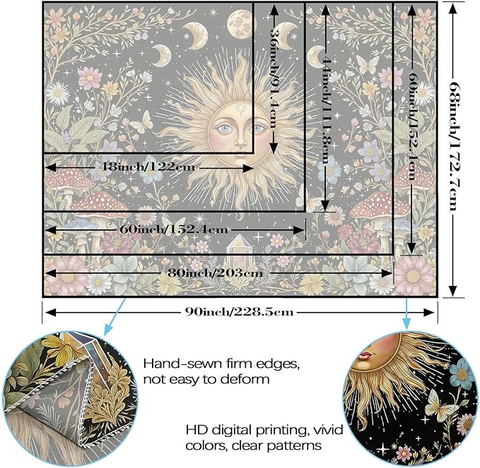 Aipon Boho Sun and Moon Tapestry Hippie Mushroom Floral Wall Tapestry for Bedroom Aesthetic Moon Phase Vintage Plant Celestial Small Tapestries Wall Hanging for Living Room Dorm 48 x 36 Inch